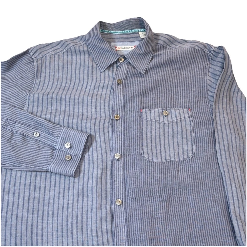 32 Bar Blues 100% Linen Button Up Shirt Men’s Large Blue Striped